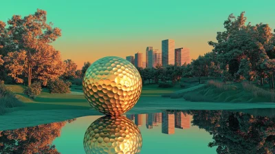 Gold Golf Ball on Cityscape