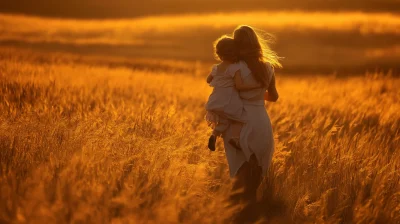 Mother and Daughter in Golden Field