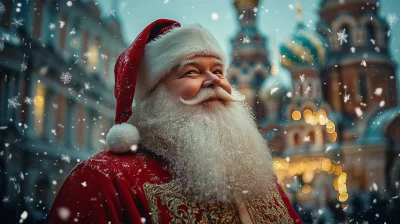 Fat Russian Santa Claus in Winter City