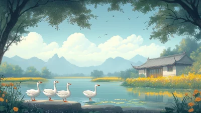 Graceful Geese by the Pond