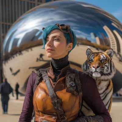 Steampunk Lady and Tiger in Chicago