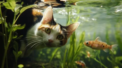 Calico Cat Diving for Fish