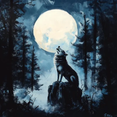 Wolf Howling at Full Moon