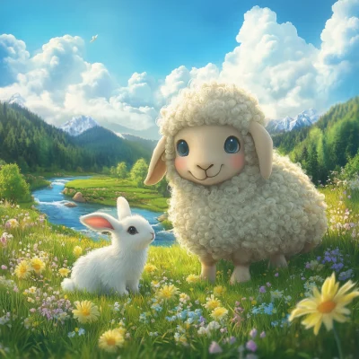 Playful Sheep and Rabbit