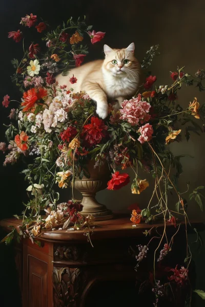 Floral Arrangement with Cat