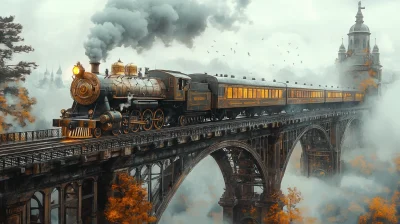 Steampunk Passenger Train on Viaduct