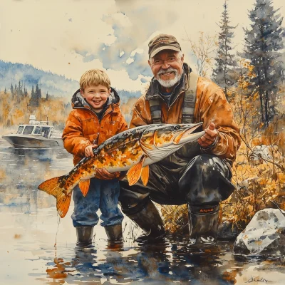 Grandfather and Grandson Fishing