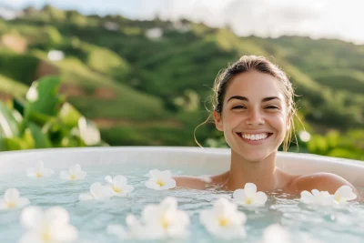 Cheerful Woman in Jacuzzi