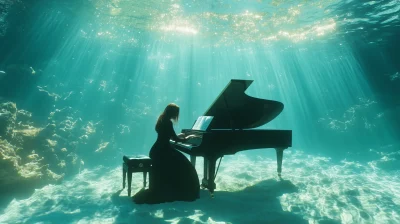 Girl Playing Piano in Blue Water