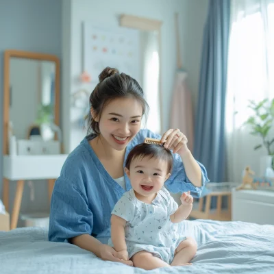 Asian Mom Combing Baby’s Hair