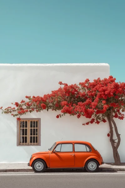 Orange Car with Red Flowers