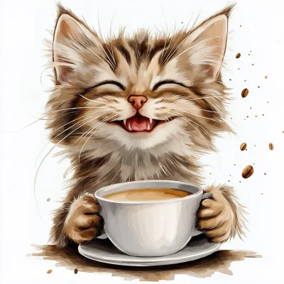 Smiling Cat with Coffee