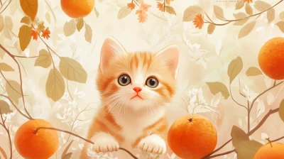 Cute kitten with fruit trees