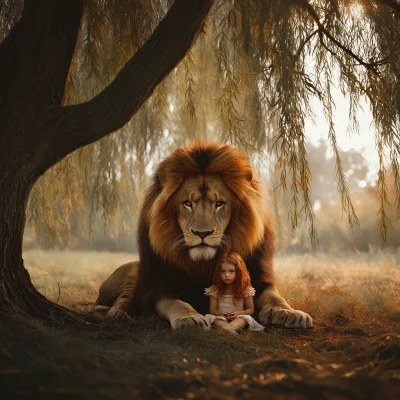 Girl and Lion Under Willow Tree