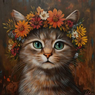 Cat with Floral Wreath