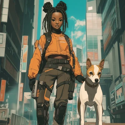 Futuristic Cyberpunk Woman with Dog