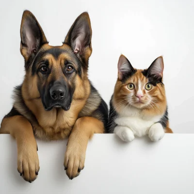 Dog and Cat on White Wall