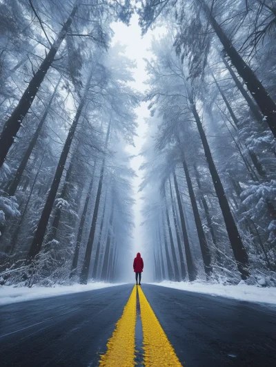 Empty Forest Road in Winter