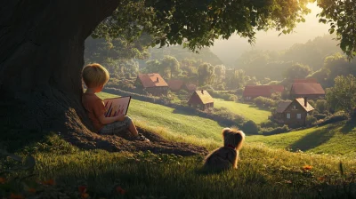 Child Drawing Under Oak Tree