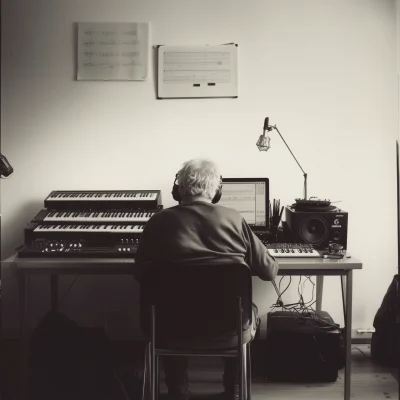 Old Man at Desk with Synthesizer