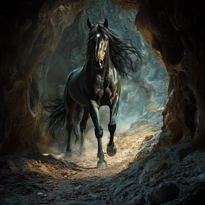 Medieval Black War Horse in Cave