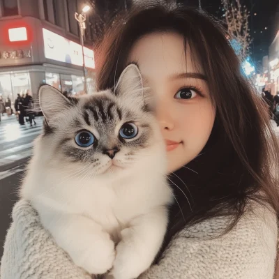 Cute Girl and Cat Selfie