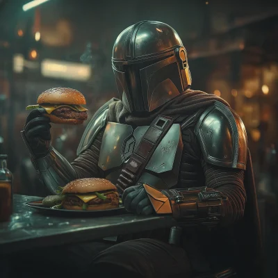 Mandalorian Enjoying a Burger