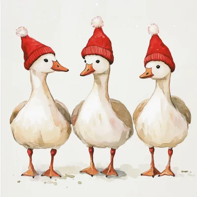 Christmas Geese in Red Hats