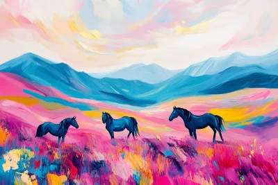 Abstract Horses in a Colorful Field