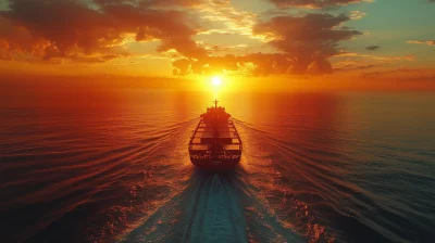 Aerial View of Cargo Ship at Sunset