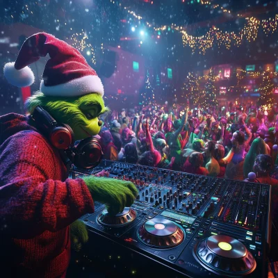 The Grinch DJing a Christmas Party