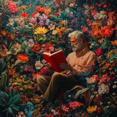 Man Reading in a Flower Garden