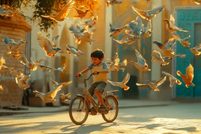 Boy Riding Bicycle with Birds