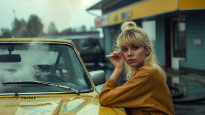 Blonde Woman Leaning on Vintage Car