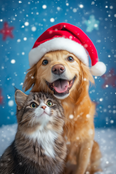Happy Dog and Cat in Christmas Style
