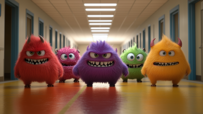 Cute Furry Monsters in School Hallway