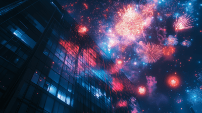 Colorful Fireworks Over Office Building