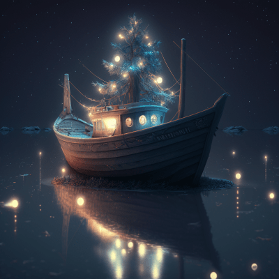 Christmas Boat in Blue Water