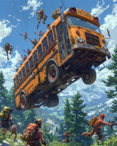 Flying School Bus with Characters