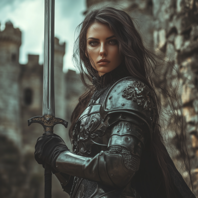 Woman Knight in Front of Castle