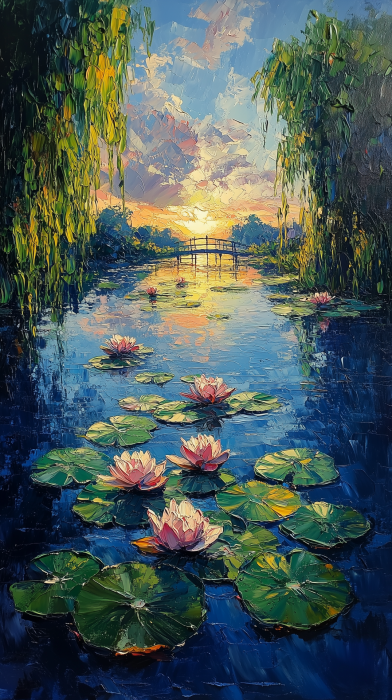 Abstract Acrylic Landscape with Water Lilies