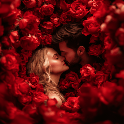 Couple Kissing Among Roses