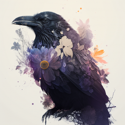 Double Exposure of Raven and Flowers