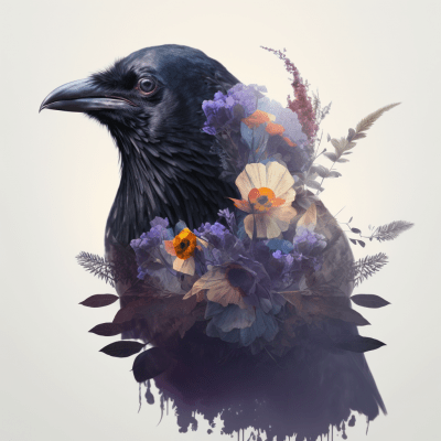 Double Exposure of Raven and Flowers