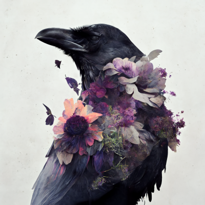 Double Exposure of Raven and Flowers