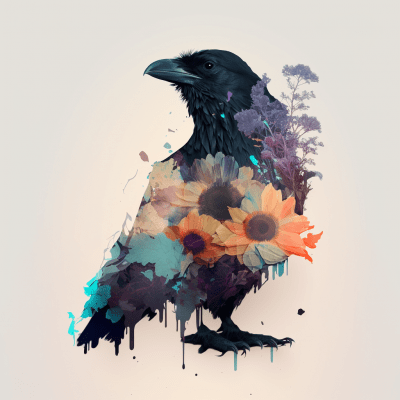 Double Exposure of Raven and Flowers