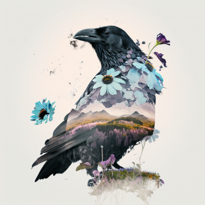 Double Exposure Raven and Flowers