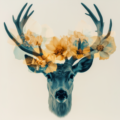 Double Exposure of Antlers and Mustard Flowers