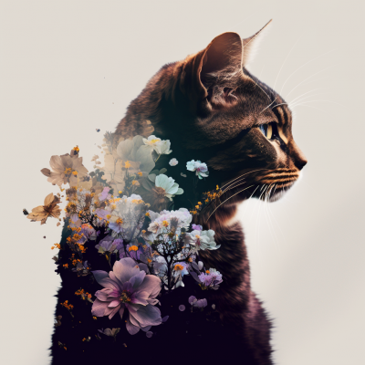 Double Exposure of Cat and Flowers