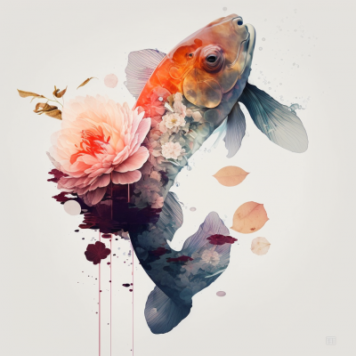 Double Exposure of Koi Fish and Flowers